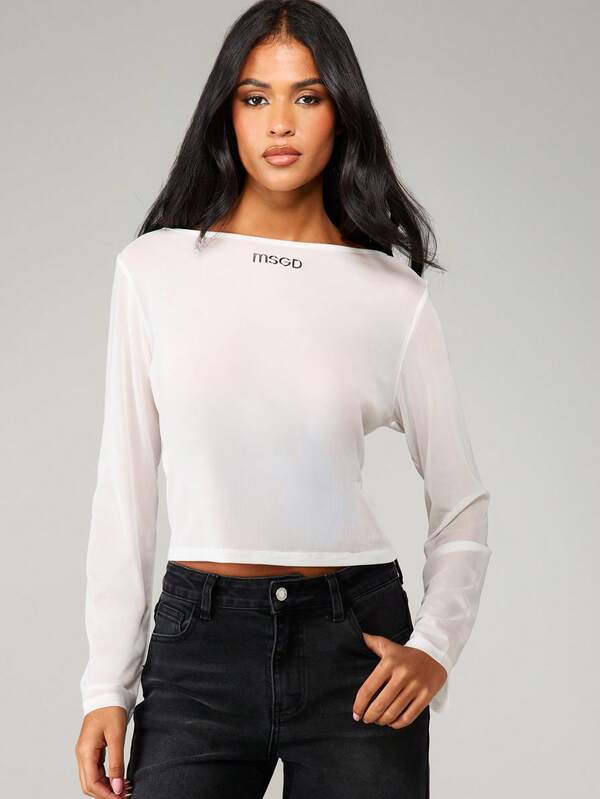 Missguided MISSGUIDED Sheer Long Sleeve Fitted Crop Top With Logo