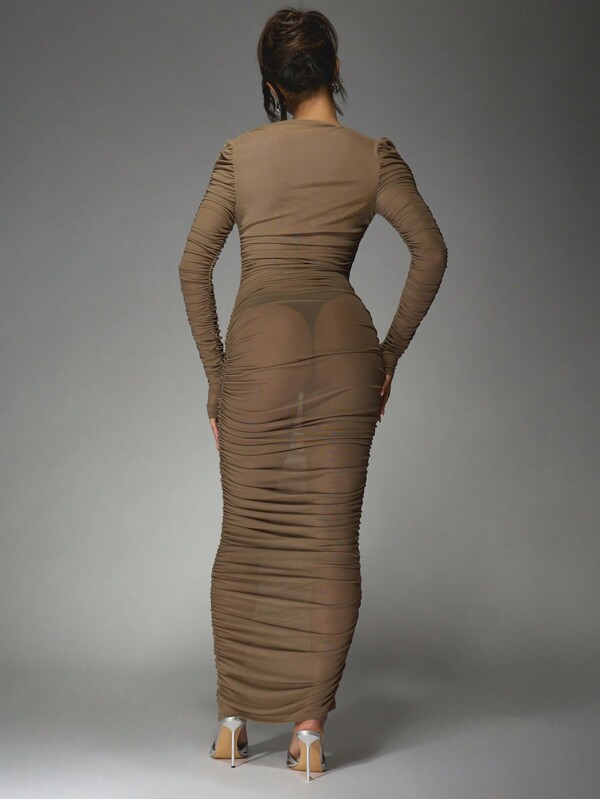 Missguided MISSGUIDED Sheer Mesh Asymmetric Neckline Long Sleeves Ruched Maxi Dress