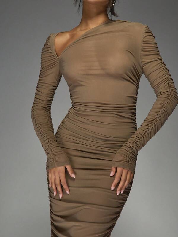 Missguided MISSGUIDED Sheer Mesh Asymmetric Neckline Long Sleeves Ruched Maxi Dress