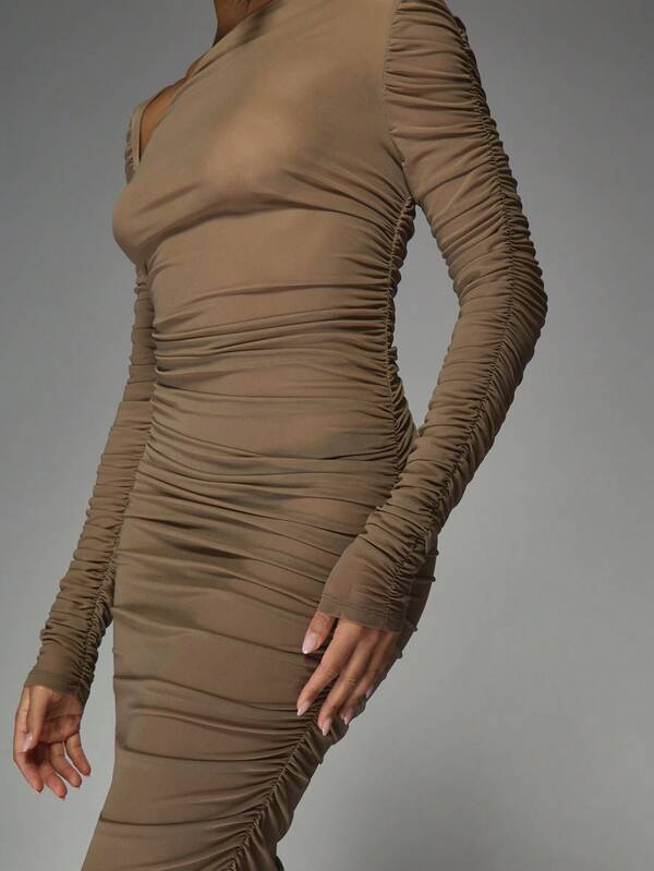 Missguided MISSGUIDED Sheer Mesh Asymmetric Neckline Long Sleeves Ruched Maxi Dress