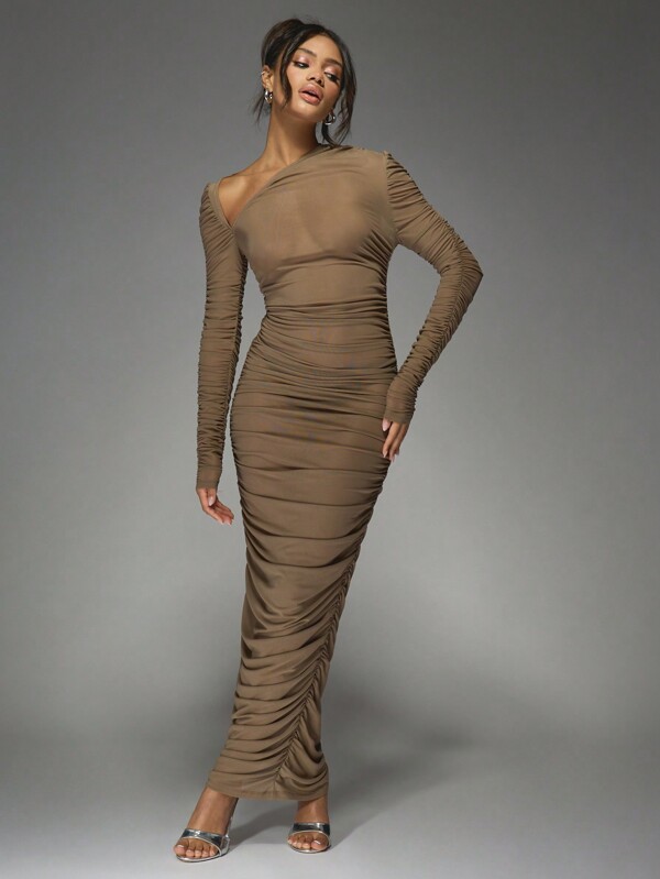missguided MISSGUIDED Sheer Mesh Asymmetric Neckline Long Sleeves Ruched Maxi Dress