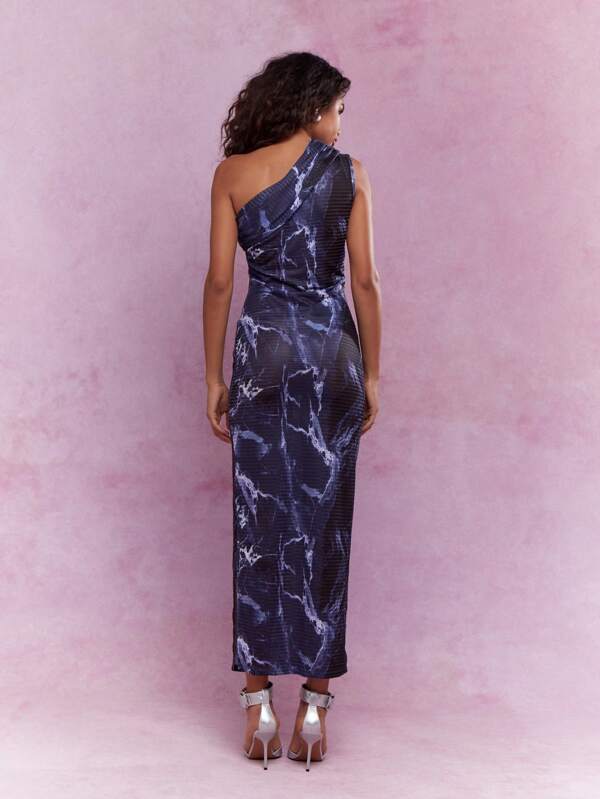 Missguided MISSGUIDED Sheer Mesh Asymmetric One Shoulder Ruched Maxi Dress
