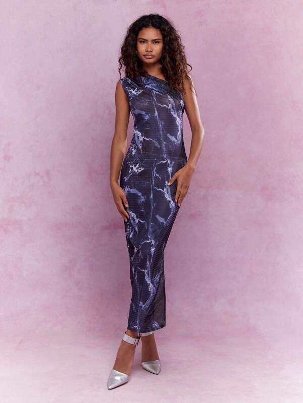 missguided MISSGUIDED Sheer Mesh Asymmetric One Shoulder Ruched Maxi Dress