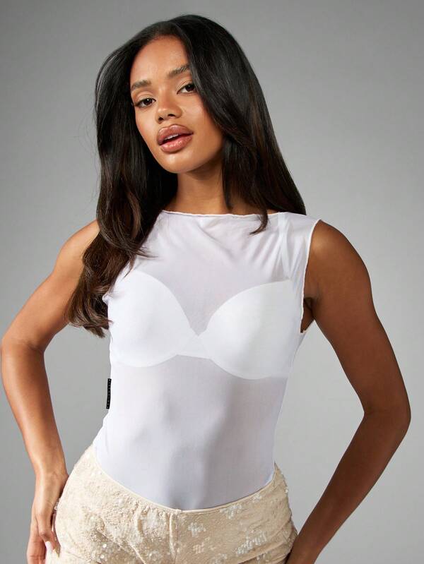 Missguided MISSGUIDED Sheer Mesh Cowl Neck Sleeveless Top