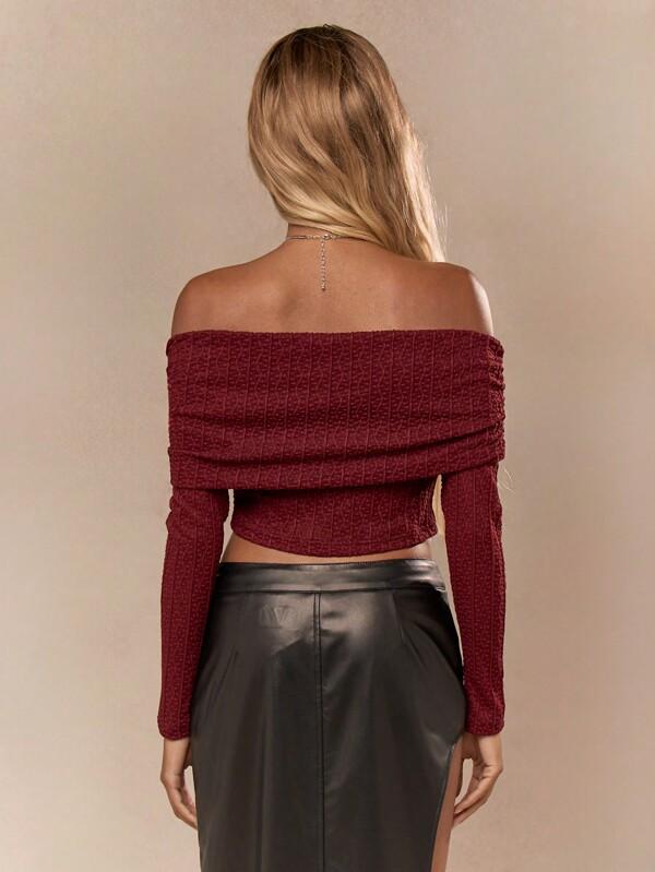 Missguided MISSGUIDED Sheer Mesh Lace Ruched Off Shoulder Long Sleeves Crop Top