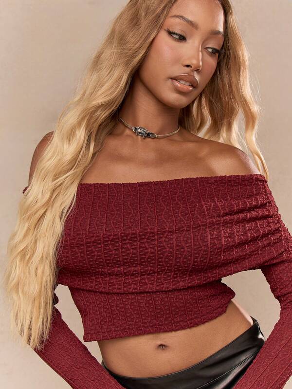 Missguided MISSGUIDED Sheer Mesh Lace Ruched Off Shoulder Long Sleeves Crop Top