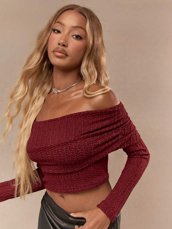 missguided MISSGUIDED Sheer Mesh Lace Ruched Off Shoulder Long Sleeves Crop Top