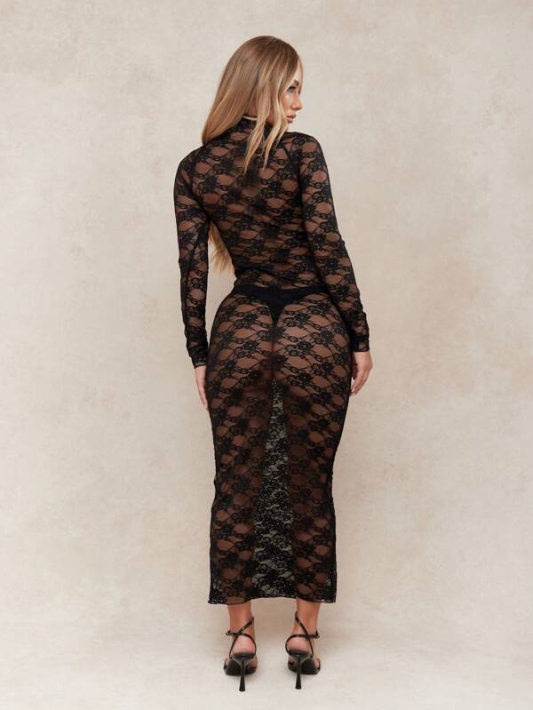 Missguided MISSGUIDED Sheer Mesh Lace Twist Knot Detail Bust Polo Neck Long Sleeves Maxi Dress