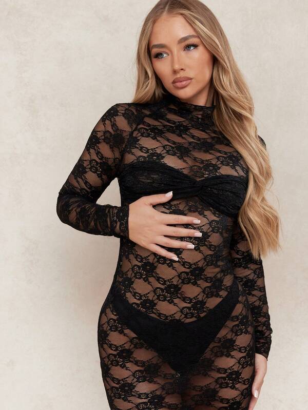 Missguided MISSGUIDED Sheer Mesh Lace Twist Knot Detail Bust Polo Neck Long Sleeves Maxi Dress