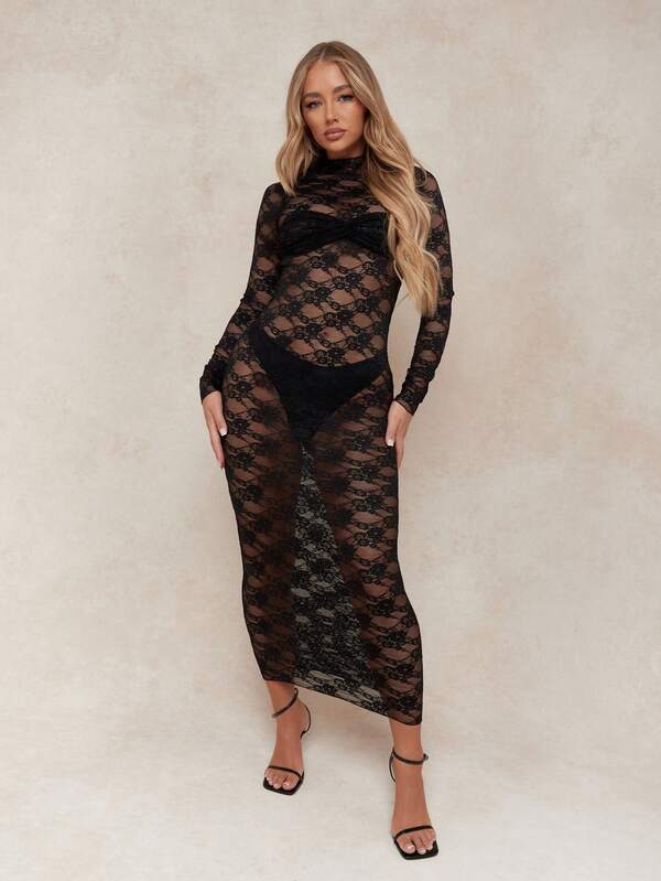 Missguided MISSGUIDED Sheer Mesh Lace Twist Knot Detail Bust Polo Neck Long Sleeves Maxi Dress