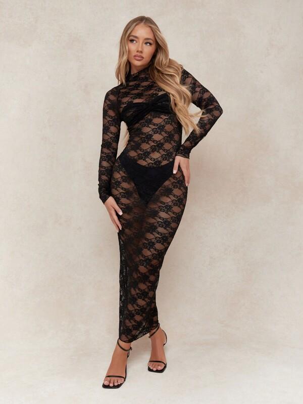 missguided MISSGUIDED Sheer Mesh Lace Twist Knot Detail Bust Polo Neck Long Sleeves Maxi Dress