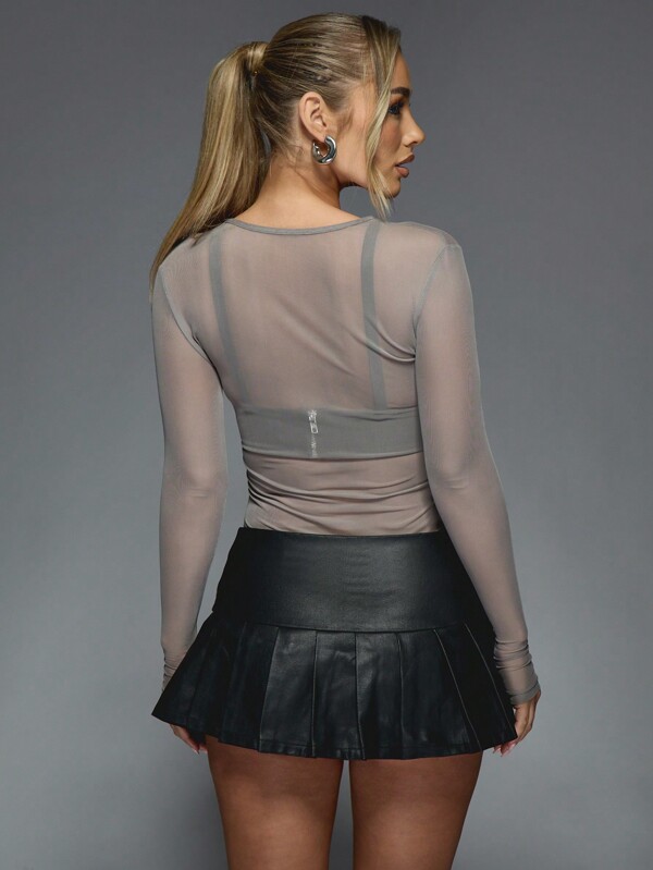 Missguided MISSGUIDED Sheer Mesh Long Sleeve Bodysuit With Built In Bustier