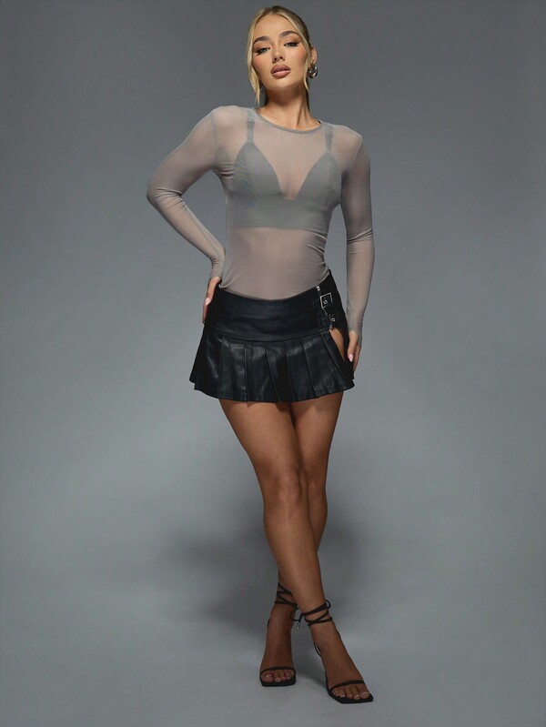 Missguided MISSGUIDED Sheer Mesh Long Sleeve Bodysuit With Built In Bustier