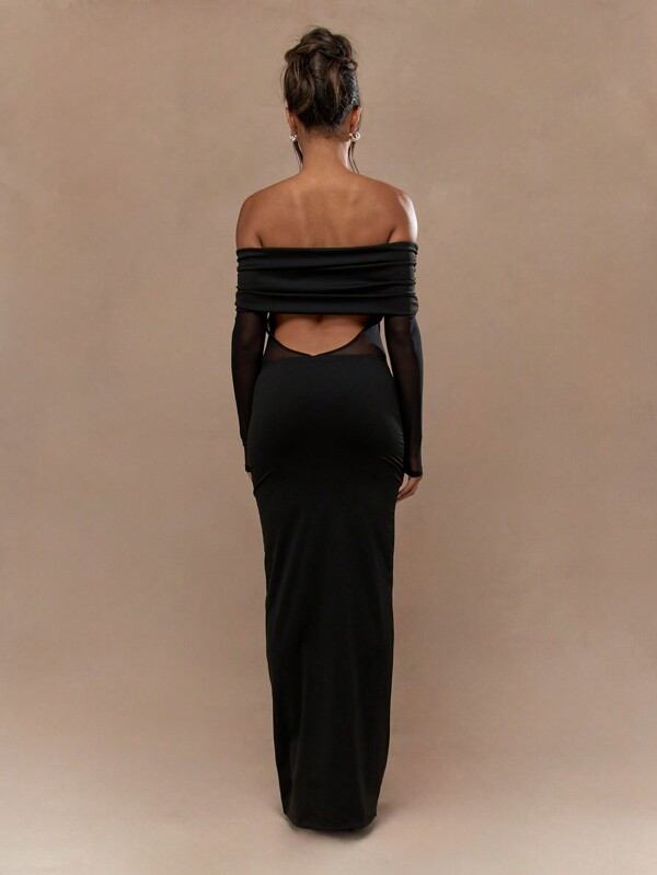 Missguided MISSGUIDED Sheer Mesh Long Sleeves Bodycon Bardot Maxi Dress