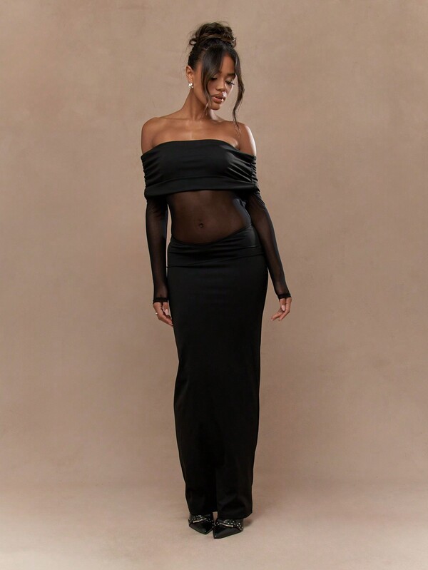 Missguided MISSGUIDED Sheer Mesh Long Sleeves Bodycon Bardot Maxi Dress