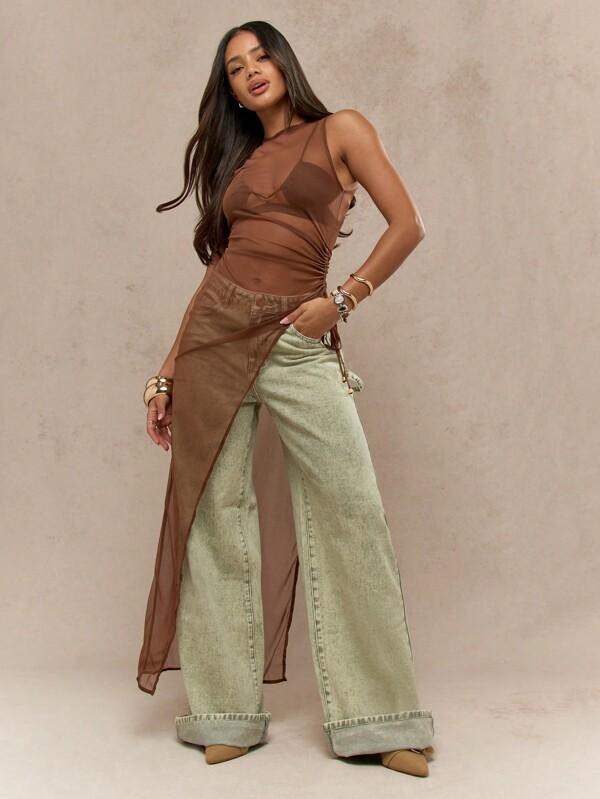 missguided MISSGUIDED Sheer Mesh Maxi Dress With Ruched Side Detail