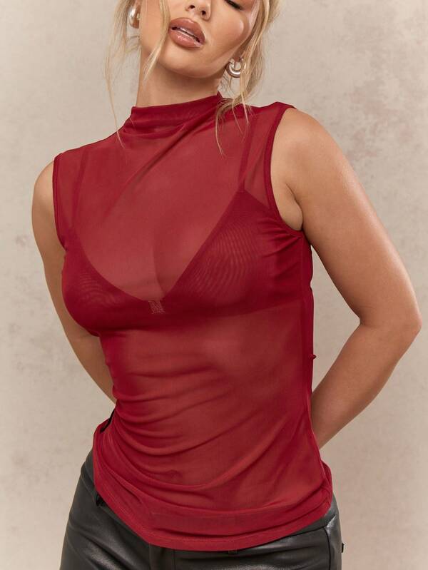 Missguided MISSGUIDED Sheer Mesh Mock Neck Sleeveless Top With Layer Design