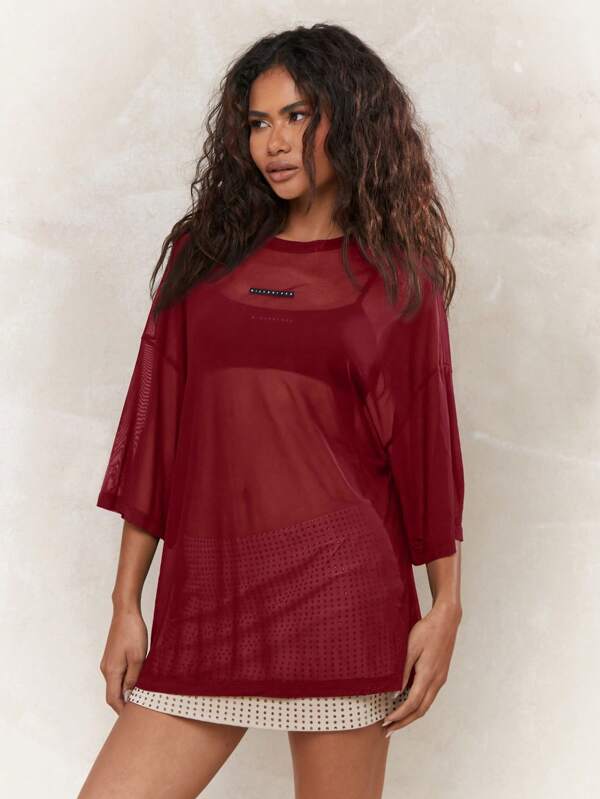 missguided MISSGUIDED Sheer Mesh Oversized Long Sleeve Blouse Layering Top