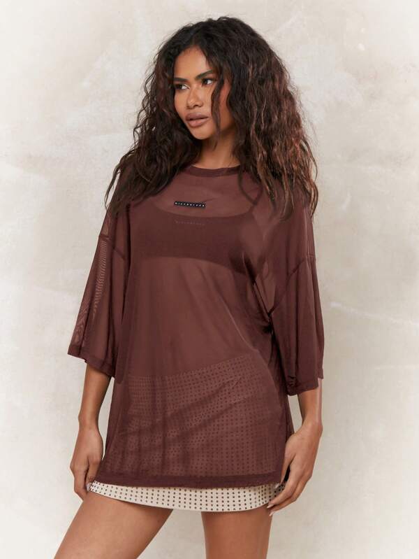 missguided MISSGUIDED Sheer Mesh Oversized Long Sleeve Casual Blouse