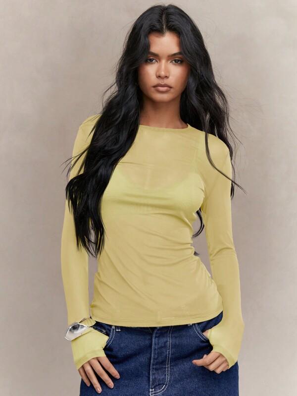 missguided MISSGUIDED Sheer Mesh Thumb Hole Long Sleeve Top