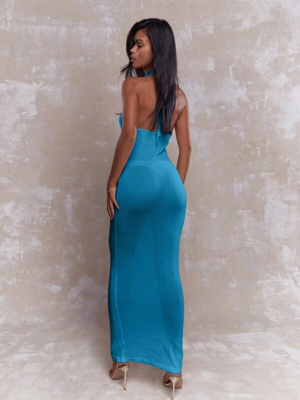 Missguided MISSGUIDED Sheer Metal Detail Halter Plunge Neck Maxi Dress