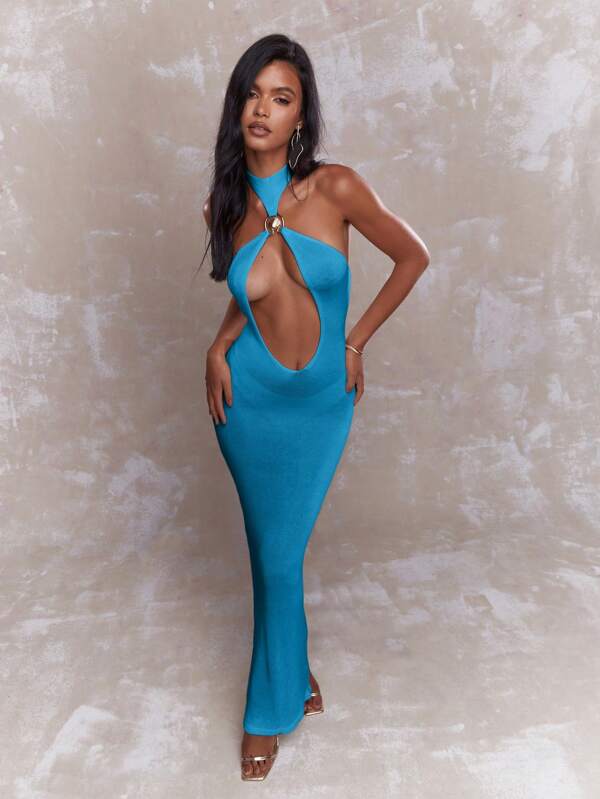 Missguided MISSGUIDED Sheer Metal Detail Halter Plunge Neck Maxi Dress