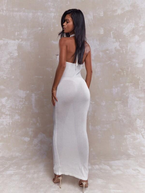 Missguided MISSGUIDED Sheer Metal Detail Halter Plunge Neck Maxi Dress