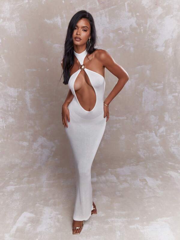 Missguided MISSGUIDED Sheer Metal Detail Halter Plunge Neck Maxi Dress
