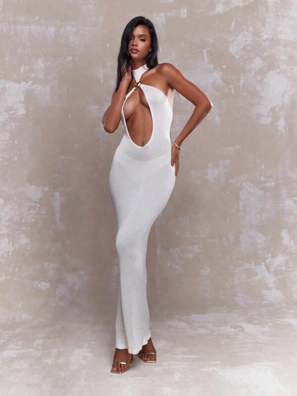 missguided MISSGUIDED Sheer Metal Detail Halter Plunge Neck Maxi Dress