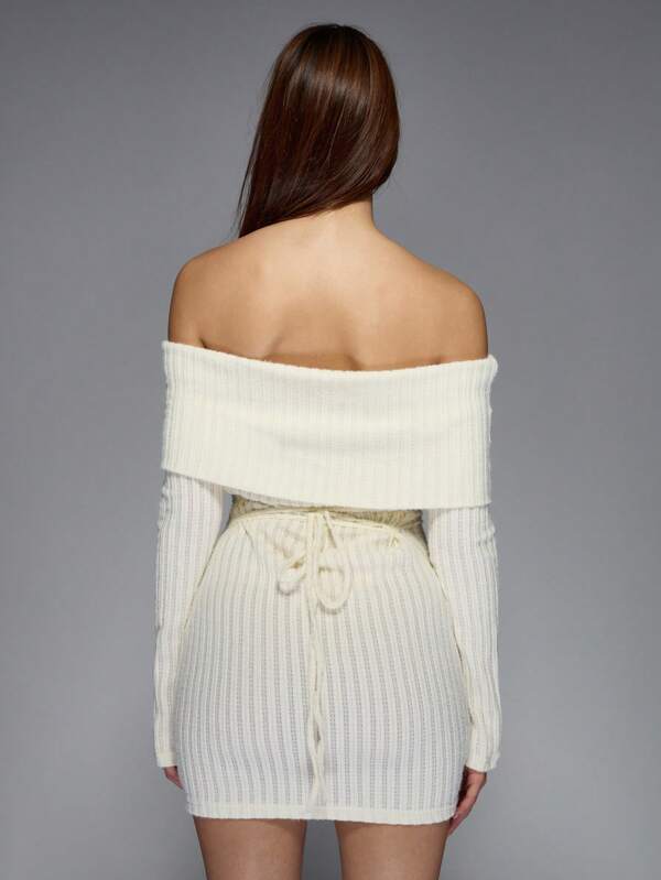 Missguided MISSGUIDED Sheer Ribbed Tie Back Bodycon Bardot Mini Dress