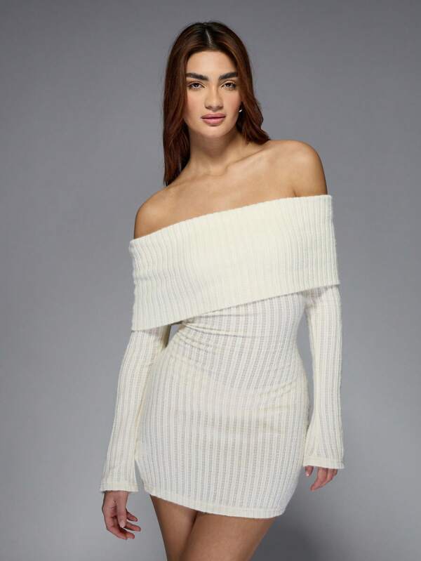 missguided MISSGUIDED Sheer Ribbed Tie Back Bodycon Bardot Mini Dress