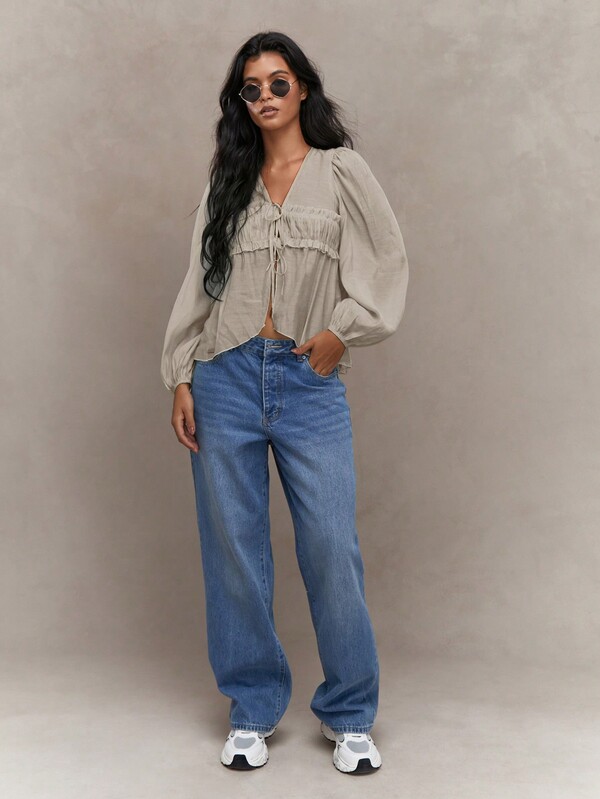 Missguided MISSGUIDED Sheer Ruched Bust Balloon Sleeves Shirt Blouse