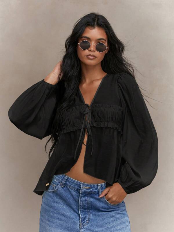 missguided MISSGUIDED Sheer Ruched Bust Balloon Sleeves Shirt Blouse