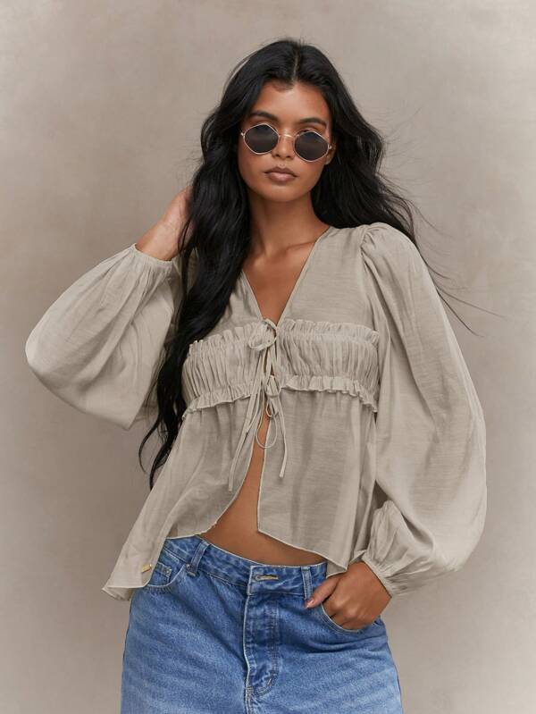 missguided MISSGUIDED Sheer Ruched Bust Balloon Sleeves Shirt Blouse
