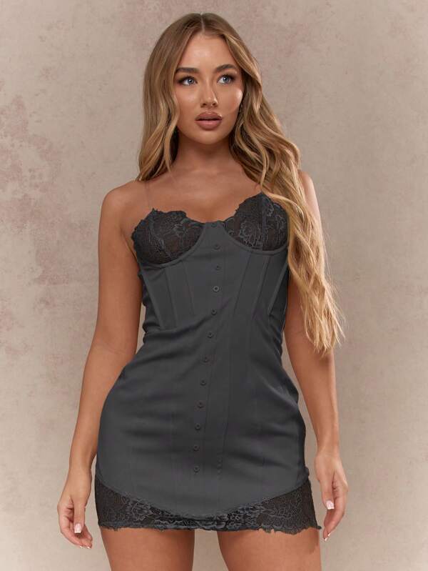missguided MISSGUIDED Sheer Scalloped Lace Detail Boned Corset Mini Dress With Transparent Straps