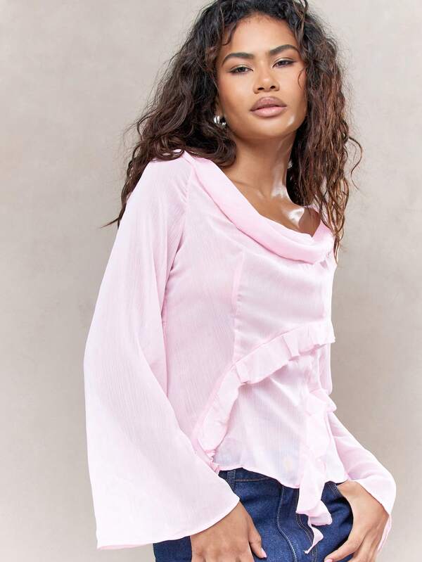Missguided MISSGUIDED Sheer Scoop Neck And Back Flared Long Sleeves Frill Detail Top