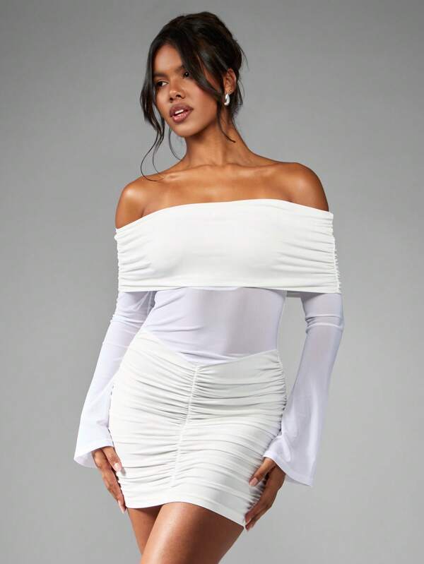 missguided MISSGUIDED Sheer Sleeve Bodycon Ruched Mini Dress
