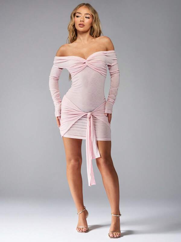 Missguided MISSGUIDED Sheer Twist Knot Off Shoulder Long Sleeves Knot Detail Waist Bodycon Mini Dress