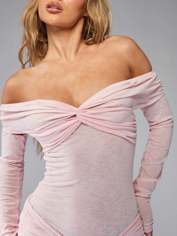 Missguided MISSGUIDED Sheer Twist Knot Off Shoulder Long Sleeves Knot Detail Waist Bodycon Mini Dress