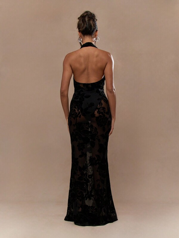 Missguided MISSGUIDED Sheer Velvet Lace Cowl Halter Neck Backless Flare Hem Maxi Dress