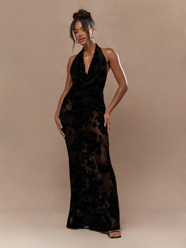 Missguided MISSGUIDED Sheer Velvet Lace Cowl Halter Neck Backless Flare Hem Maxi Dress