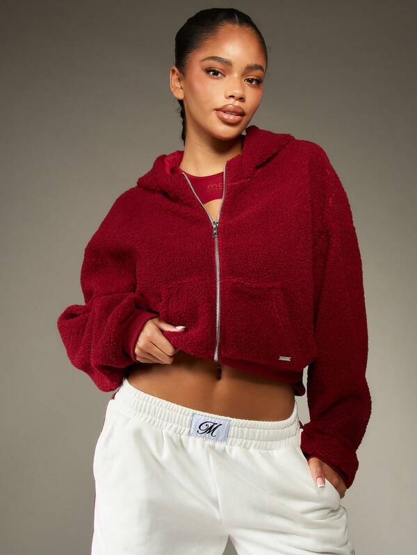 missguided MISSGUIDED Sherpa Fleece Cropped Full Zip Hoodie With Drawstring