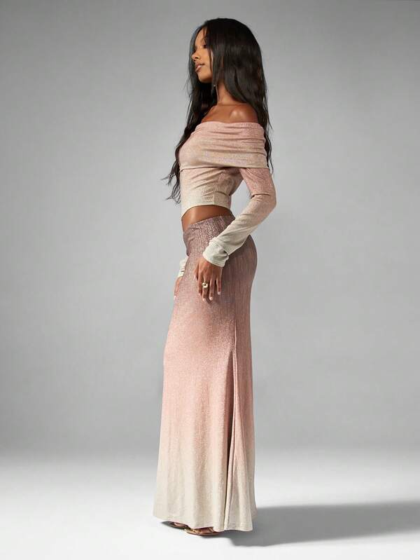 Missguided MISSGUIDED Shimmer Ombre Bardot Top With Flared Maxi Skirt