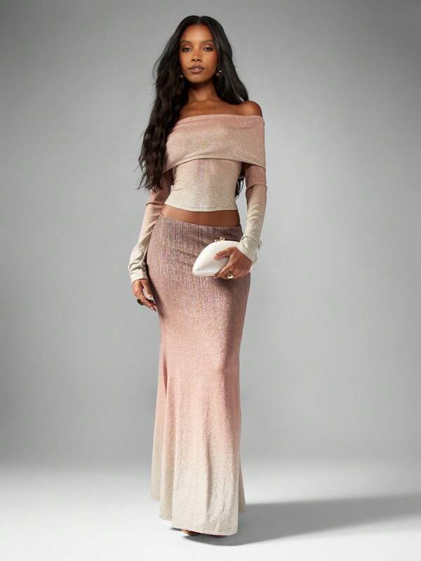 missguided MISSGUIDED Shimmer Ombre Bardot Top With Flared Maxi Skirt