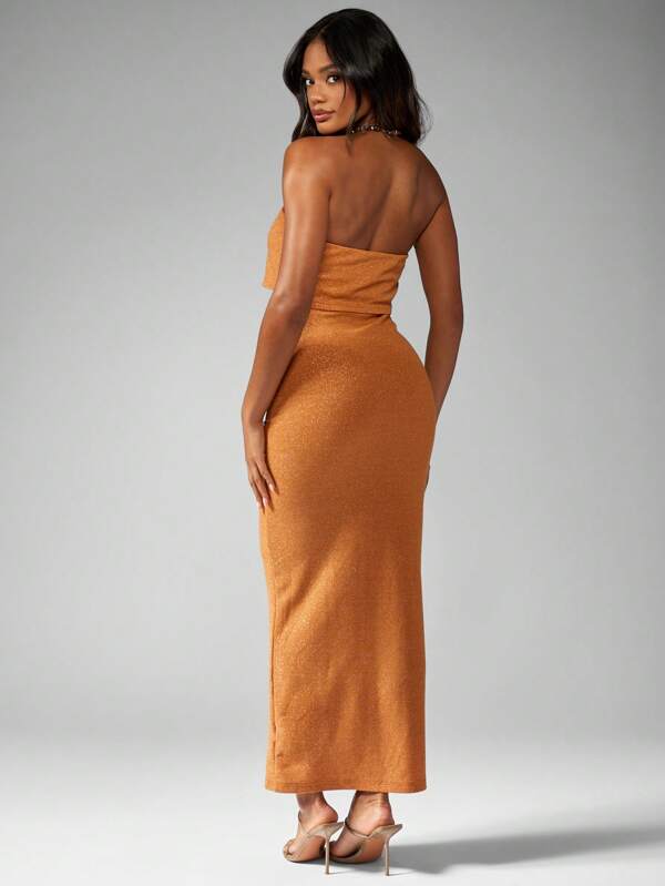 Missguided MISSGUIDED Shimmer Strapless Overlay Bandeau Detail Women Long Dresses