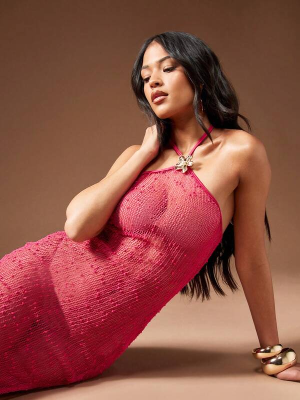 Missguided MISSGUIDED Shimmering Halter Neck Side Slit Sequined Maxi Dresses