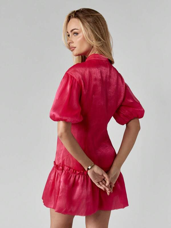 Missguided MISSGUIDED Shimmery Mini Dress With Puff Sleeves And Ruffled Hem