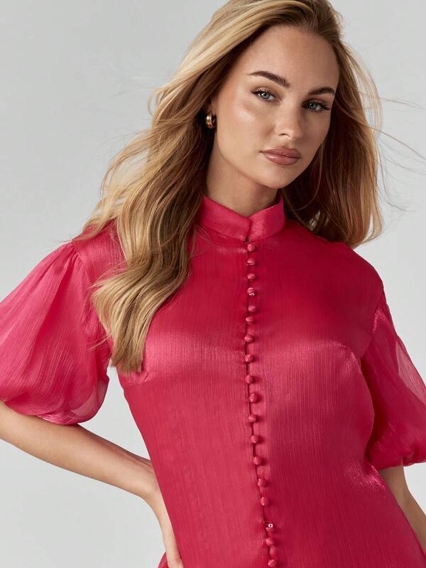 Missguided MISSGUIDED Shimmery Mini Dress With Puff Sleeves And Ruffled Hem