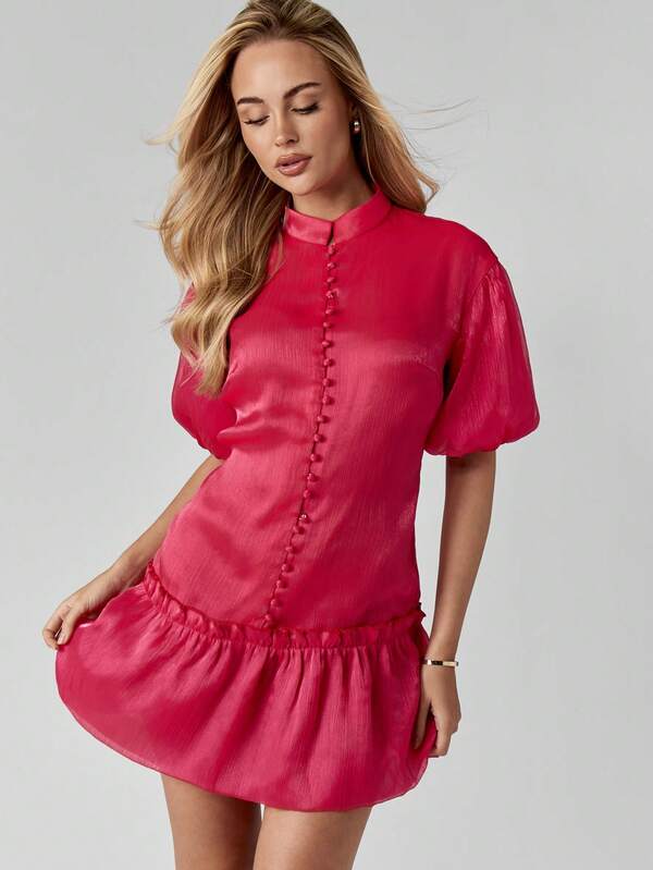 missguided MISSGUIDED Shimmery Mini Dress With Puff Sleeves And Ruffled Hem