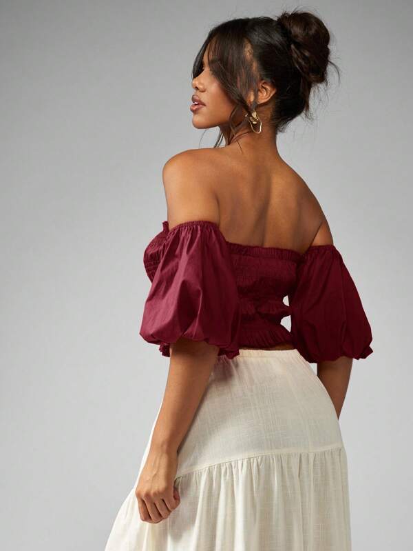 Missguided MISSGUIDED Shirred Bandeau Top With Puff Sleeves And Ruched Detail
